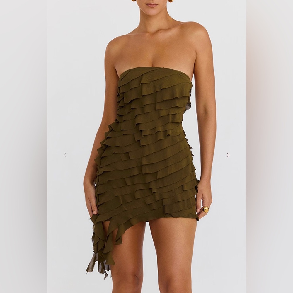 Mistress Rocks Olive Strapless Ruffle Mini dress